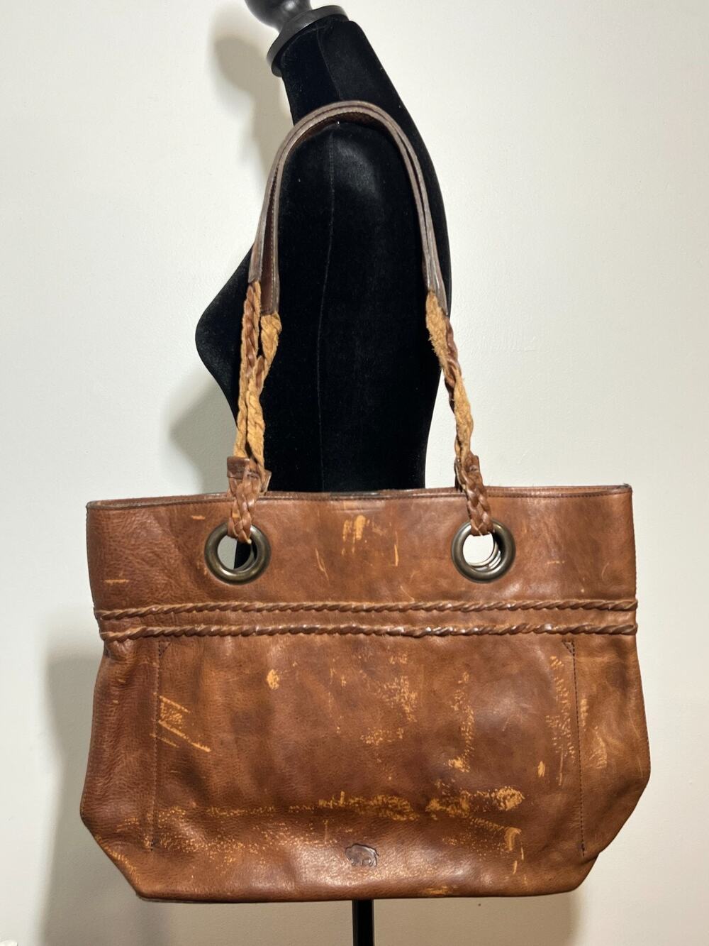 Buffalo Jackson Brown Distressed Weathered Leather Braided Strap Tote Bag Purse